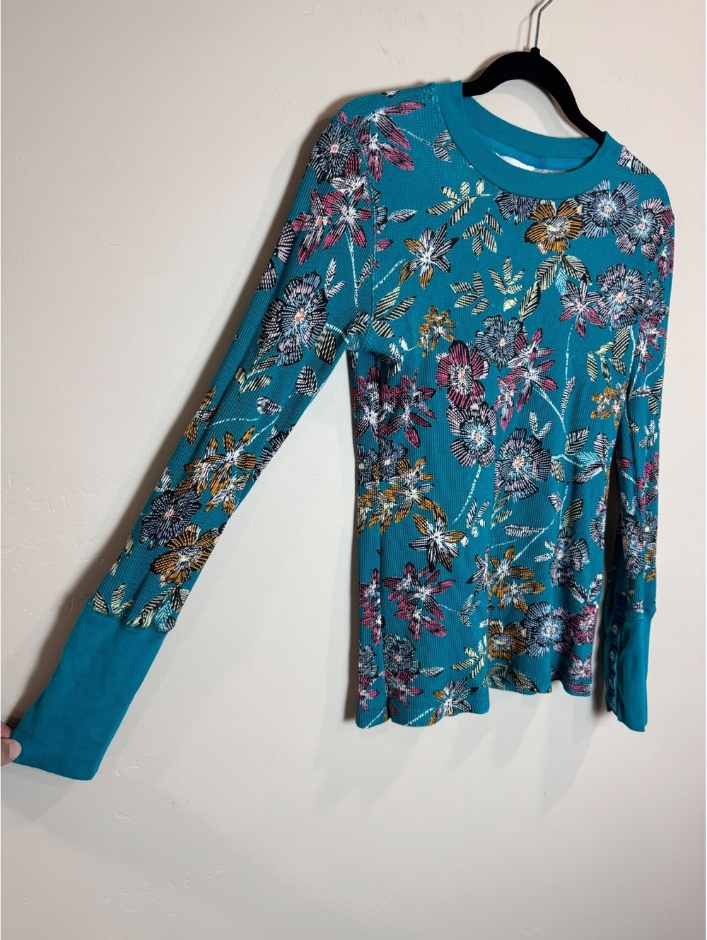 SUNDANCE Teal Floral Print Cotton Thermal Top SMALL COZY CABIN GRANOLA GIRL